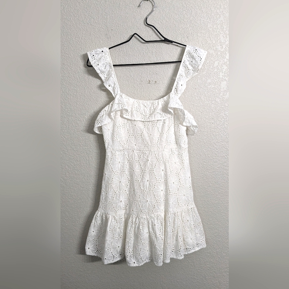 Lulus White Eyelet Flower Embroidery Mini Dress Strappy Sleeveless Ruffles S
